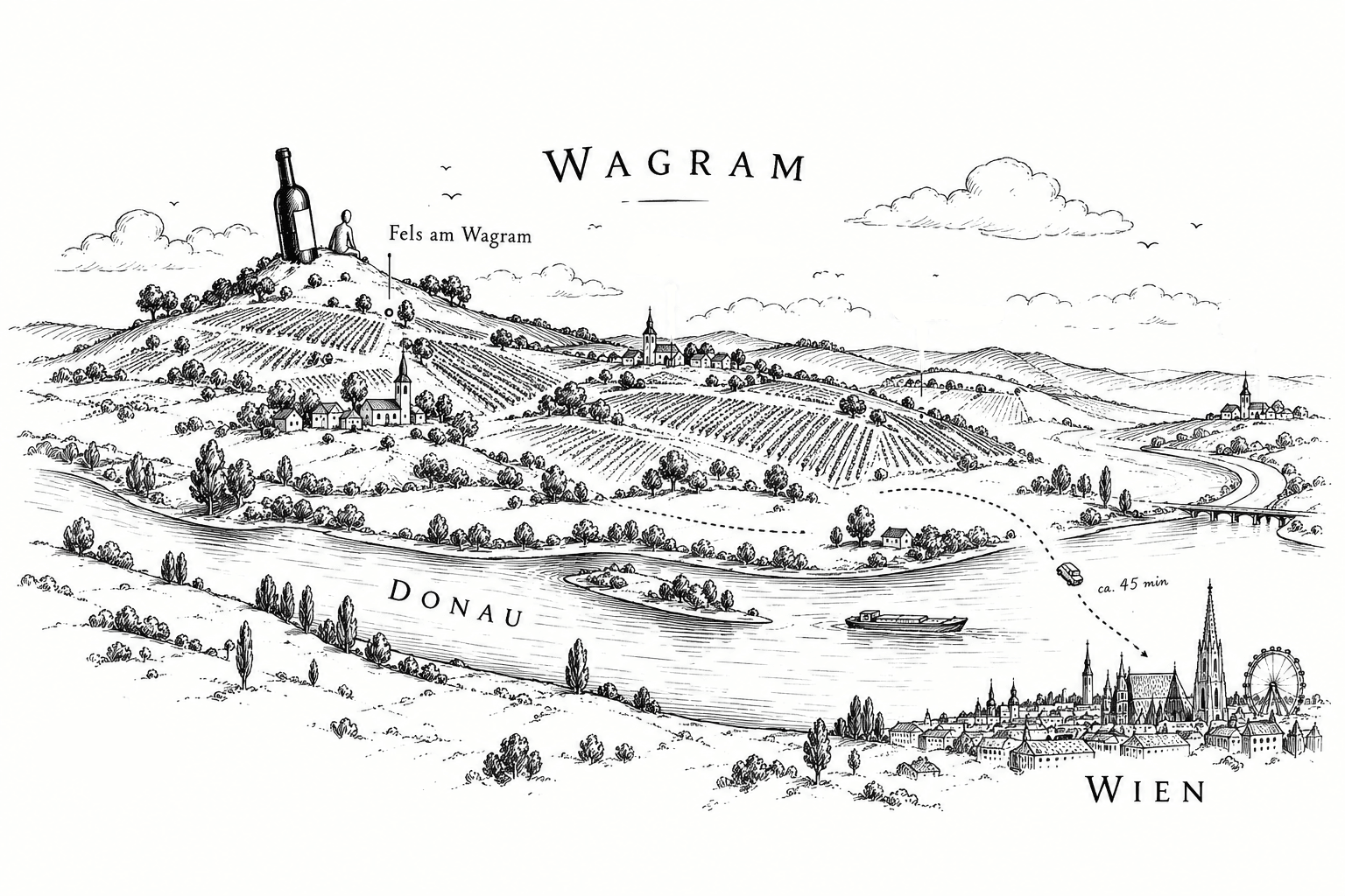 Illustrierte Karte: Fels am Wagram, die Donau und Wien